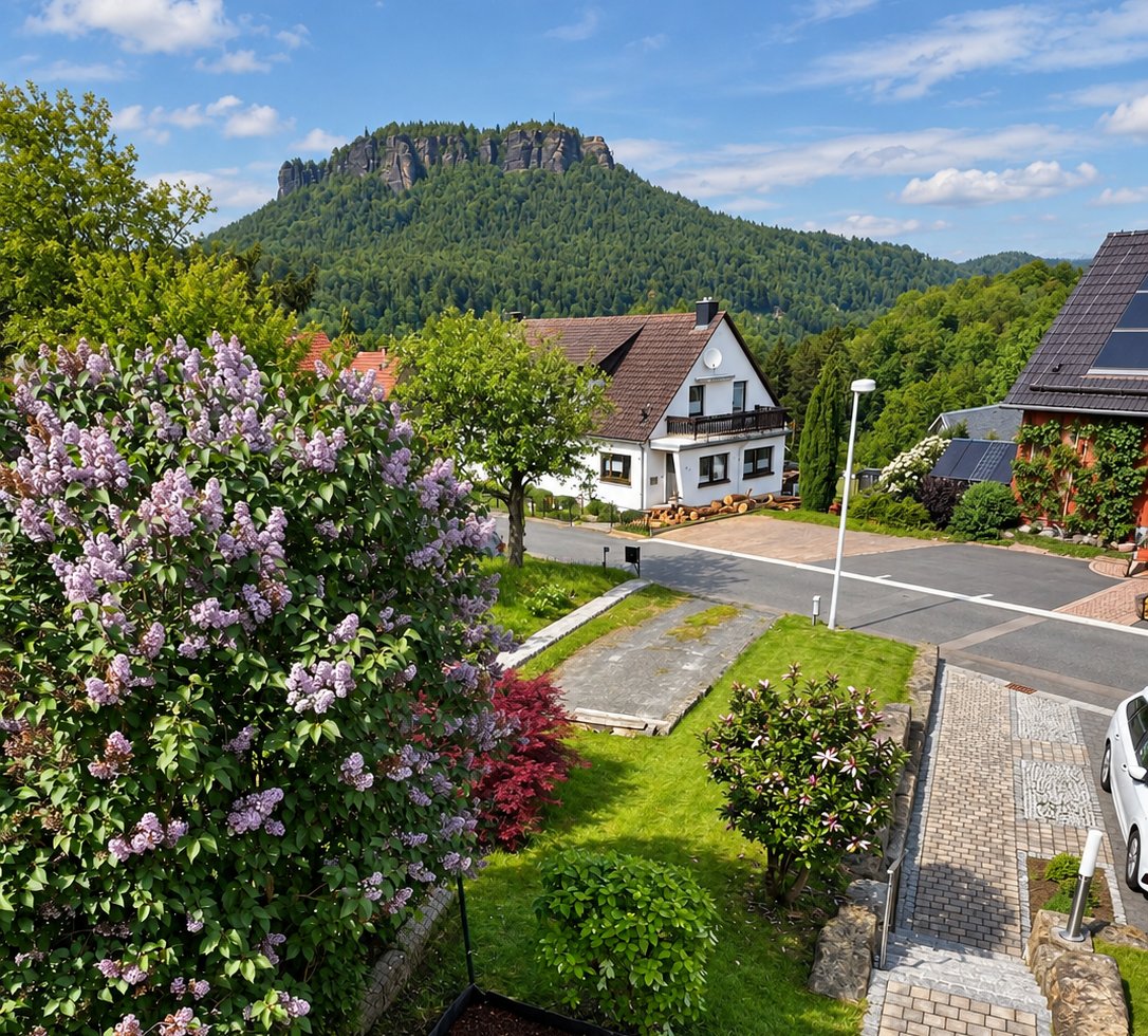 Garten und Blick über Königstein zum Lilienstein